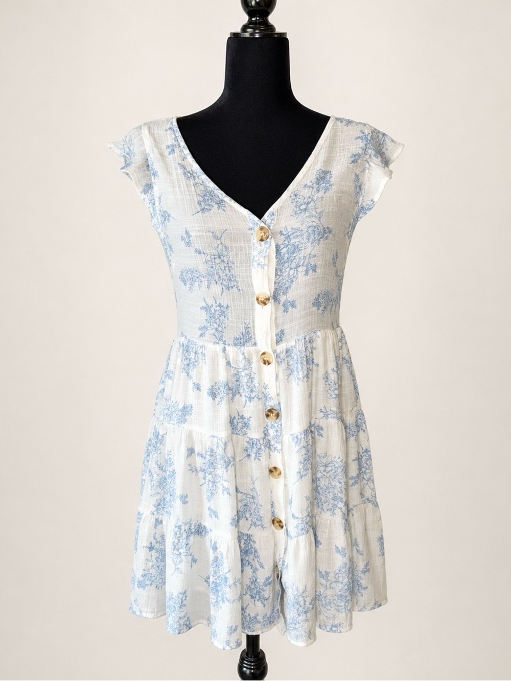 Altar'd State White and Light Blue Floral Button-Tier Mini Dress